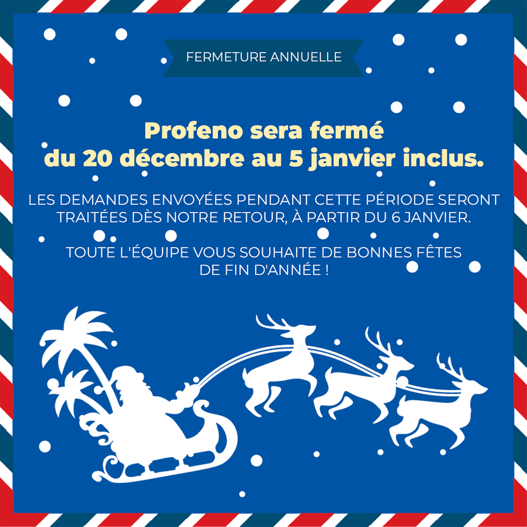 Annonce de fermeture pour les fêtes de fin d'année avec une silhouette du Père Noël dans un traîneau tiré par des rennes sur fond bleu. Le texte en français fournit les détails de la fermeture du 20 décembre au 5 janvier, avec les meilleurs vœux pour la période des fêtes.